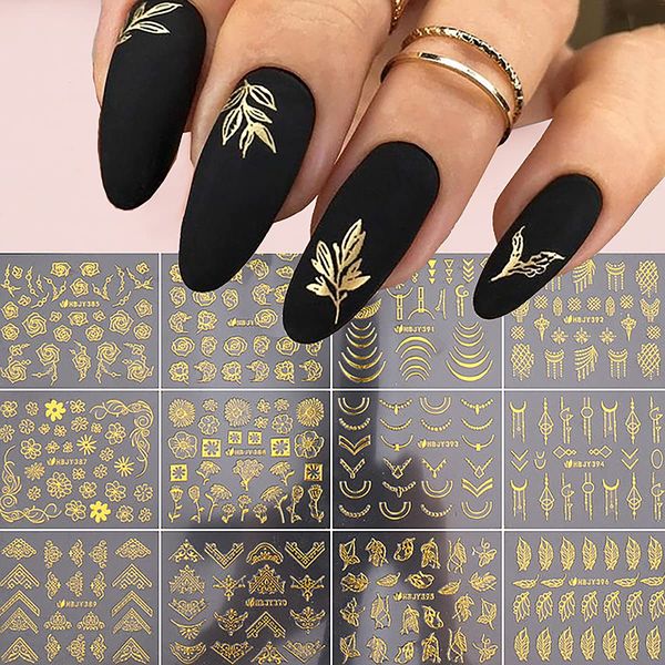 SONGJIE Golden Flowers Nail Art Stickers Decal 12 Sheets 3D Self-Adhesive Gold Flower Leaf Lace Nail Supplies Flower Nail Stickers Geometry Line Nail Designs for Women Girls Nail Art Decorations