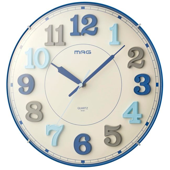 MAG W-801A BU-Z Wall Clock Analog Time Block Quiet Continuous Second Hand Spherical Plastic Blue