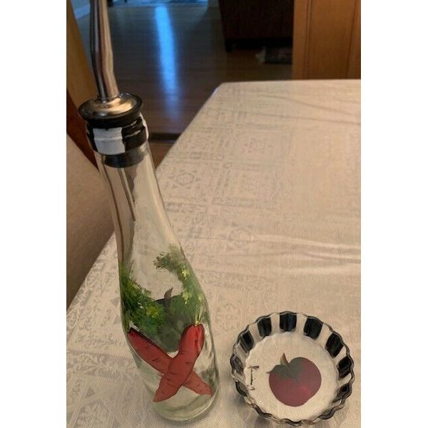 Hand painted vegetable  motif  olive oil pourer and saucer