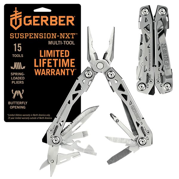 Gerber Multitool Suspension-NXT 15-in-1 EDC Pocket Knife Set with Wire Stripper, Needle Nose Pliers, and Pocket Clip, Gifts for Men, Stainless Steel