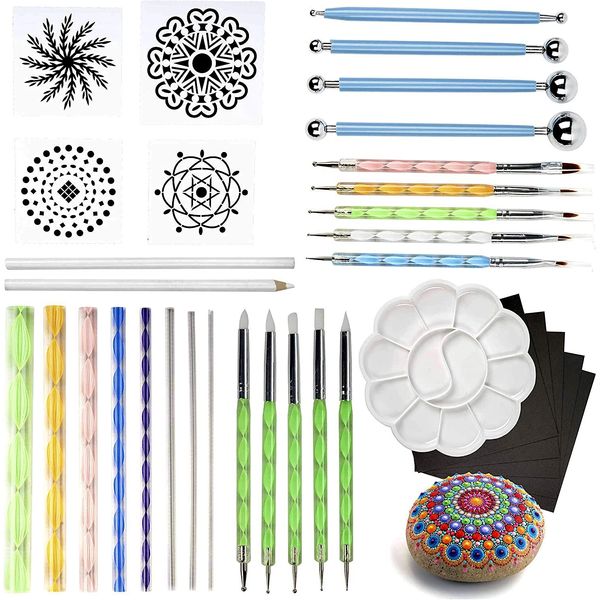 THE TWIDDLERS - 35 Piece Mandala Dotting Tools Stencil Kit, with Acrylic Paint Tray - Rock Stone Painting Canvas & Nail Arts Kids' Mandalas