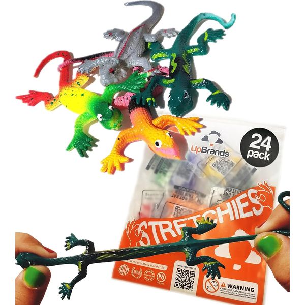 UpBrands 24 Painted Stretchy Lizards Toys 3 Inches Bulk Set, 4 Models, Kit for Birthday Party Favors for Kids, Goodie Bags, Easter Egg Basket Stuffers, Pinata Filler, Classroom Prizes