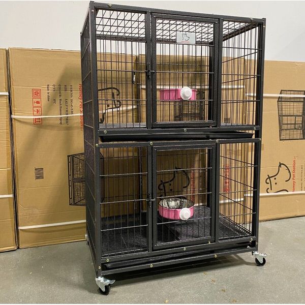 🩷🩷Heavy Duty 2-Tier Dog Kennel Crate Cage🐶🐕‍🦺✅ with Bowls, Trays & Casters