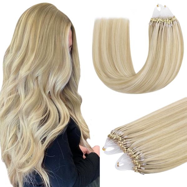 DOORES MicroBead Human Hair Extensions Echthaar, Dunkelblond hervorgehoben Bleichblond 60cm 50g/50s, EchtHuman Hair Extensions, Extensions für Frauen