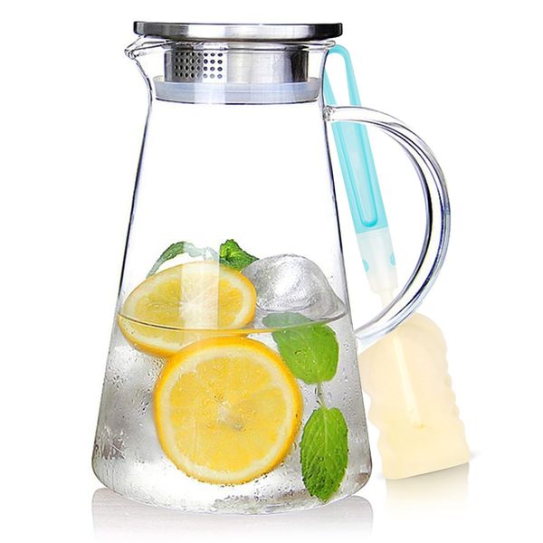 SUSTEAS 2.0 Liter 70 Ounces Glass Pitcher with lid iced Tea Pitcher Water jug hot Cold, ice Tea Wine Coffee Milk and Juice Beverage Carafe, 1 Free Long-Handled Brush Included