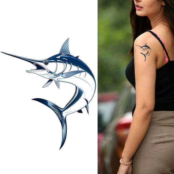 Sevendosong 6 Sheets Temporary Tattoos for Women Adults Marlin Swordfish Jumping Fish Sailfish Temporary Fake Tattoo Men Woman Neck Arm Water-Proof Body Art