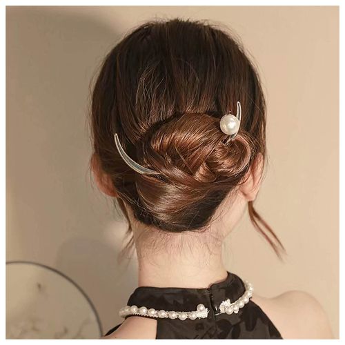 Inilbran Boho Crescent Moon Hair Stick Hair Clip Vintage Pearl Moon Hair Clip Hairpin French Pearl Hair Stick Clip Vintage Moon Hair Fork Barrette Decorative Hair Accessories for Women and Girls