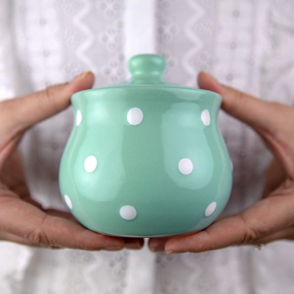 City to Cottage® Teal Blue and White Polka Dot Spotty Handmade Hand Painted Ceramic Sugar Bowl Pot with Lid | Jam Honey Jar