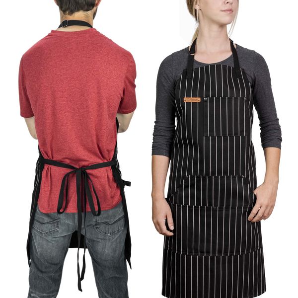 Chef Pomodoro Chef Apron for Men and Women with Pockets - Top Chef Recommended - Kitchen Apron with Adjustable Neck Straps - 100% Cotton - Cooking Apron for Home, BBQ, Grill Use (Classic Striped)