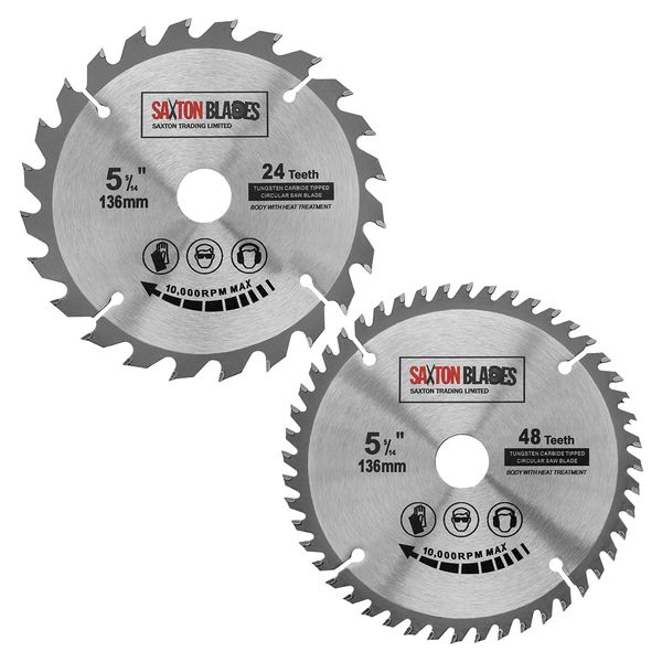 Saxton TCT Circular Wood Saw Blade 136mm x 20mm (16mm Ring) 24 & 48 Teeth Compatible with Bosch Makita etc – Pack of 2