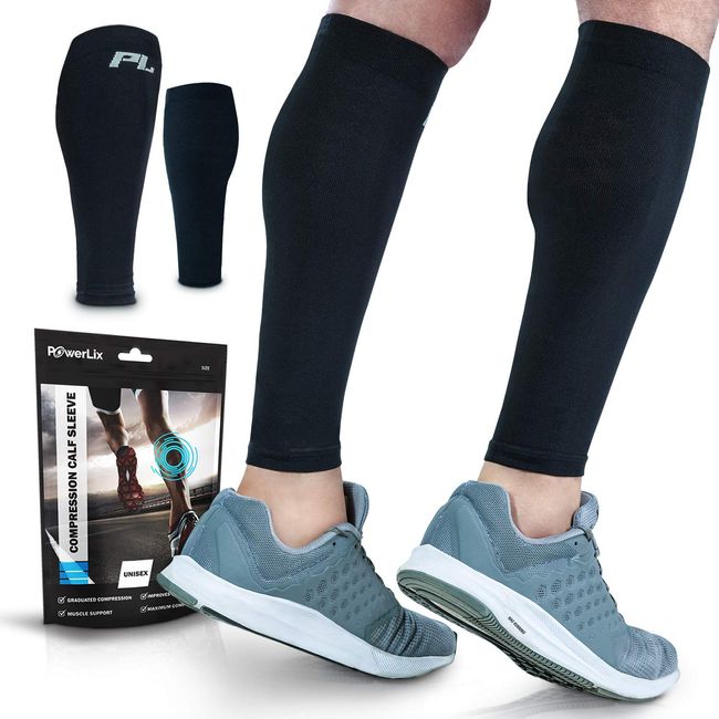 POWERLIX Calf Compression Sleeve (Pair) – Supreme Calf Cramp & Shin Splint Sleeves for Men & Women – Leg Compression Socks 20-30 mmHg – Great for Pain Relief, Running, Work, Travel, Sports & More