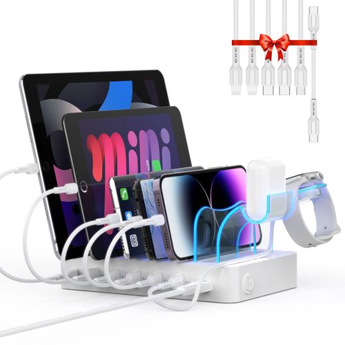 NECK USB Charging Station 60W/12A 6 Ports, PD 20W USB C Rapid Charging Stand, PSE Certified, 6 Short Cables 2 in 1 Bracket, Cell Phone, Tablet, Other White