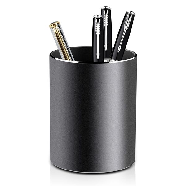 VAYDEER 【Durable Metal】 Metal Pen Holder Aluminum Pen Pot, Round Pencil Holder Pot Desktop Makeup Brush Holder Pot for Desk, Office/School Pen Storage Organizer - Black