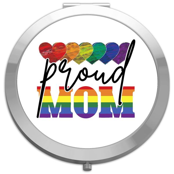 Proud mom (style two scribble) LGBT pride statement compact pocket mirror - silver round circle shape