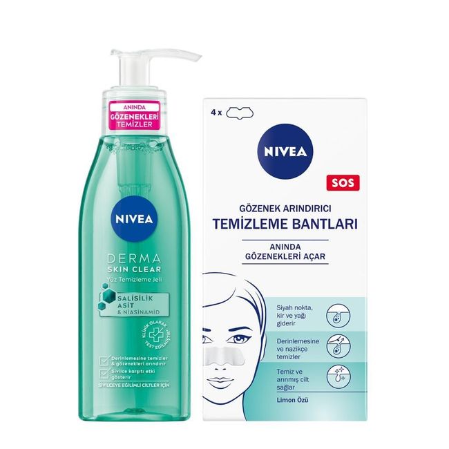 Siyah Nokta Temizleyici T-Bant, Dörtlü ve Derma Skin Clear Sivilce Karşıtı Yüz Temizleme Jeli 150ml