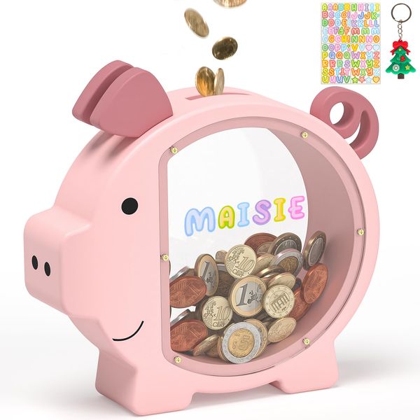 Wooden Piggy Bank for Kids Cute Money Bank for Boys and Girls Clear Wood Money Box Personalized Saving Money Jar, Creative Present for Children Birthday Chrismas & Decor (Pink, Standard)