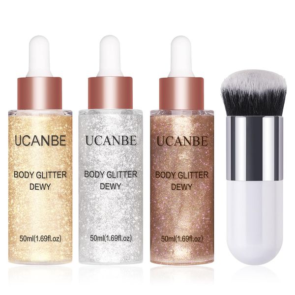 UCANBE 3 Pcs Face Body Glitter Liquid Highlighter Illuminator Dewy Drops with Makeup Brush, Makeup Sparkle Shine Luminizer Enhancer Body Shimmer Tint 50ml/1.69oz x 3 (3Pcs, Standard)