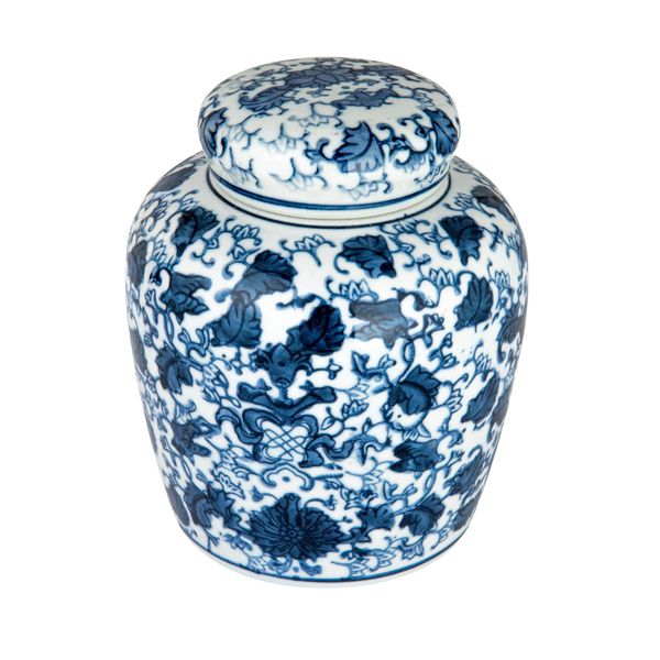 Creative Co-Op Blue & White Ceramic Ginger Jar with Lid