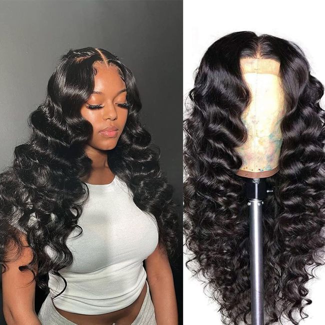 BINF Lace Front Wigs Human Hair 4x4 Loose Deep Wave Lace Front Wig Closure Wigs Glueless Wigs HD Lace Front Wigs Pre Plucked Brazilian Human Hair Deep Wave Wig Natural Black 30 Inch