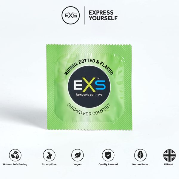 EXS | Textured Condoms | Natural Latex & Silicone Lubricated | Ribbed & Dotted | Vegan | 12 Pack