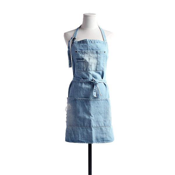 Pincy Denim Apron, Unisex Adjustable Bib Apron with Pockets for Cooking Kitchens (Wathet Blue)