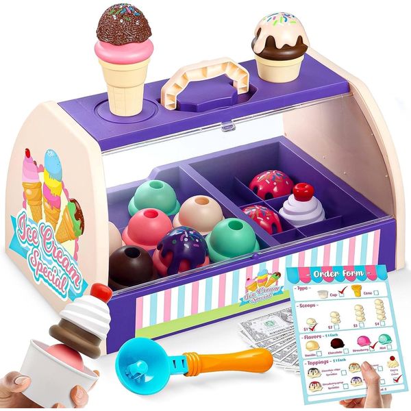 Serve Ice Cream Counter Toy(38 pcs) - Play Food and Accessories - Pretend Food Toys Playset, Toddler Ice Cream Shop Toys for Kids Ages 3 4 5 6 7 +