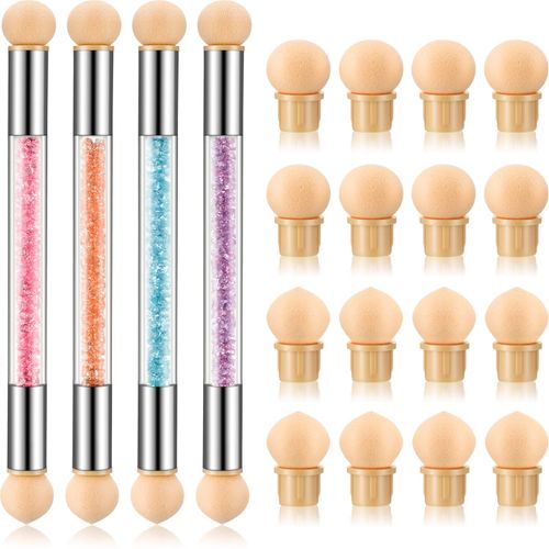 4 Pieces Sponge Nail Brush Picking Dotting Gradient Pen Brush Double Head Sponge Nail Brush Rhinestone Handle Acrylic Nail Painting Brush with 16 Pieces Replacement Head for Nail Design Manicure