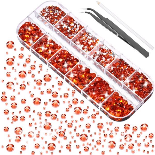 2000 Pieces Flat Back Gems Rhinestones 6 Sizes (1.5-6 Mm) Round Crystal Rhinestones with Pick up Tweezer and Rhinestones Picking Pen for Crafts Nail Clothes Shoes Bags DIY Art (Orange)