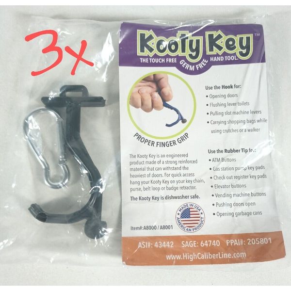 3x Kooty Key ~ Germ Free Touch Free Tool ~ Black Key Chain ~ With Carabiner Clip