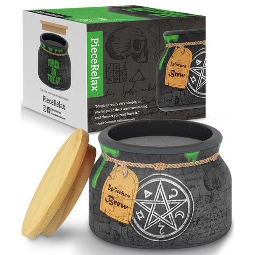 PieceRelax 3D Puzzle Jar 64 Plastic Pieces for Adults - Witches Brew - Wooden Lid Container for Kitchen Dining Study Living Room No Glue Requied Small [BC1022]