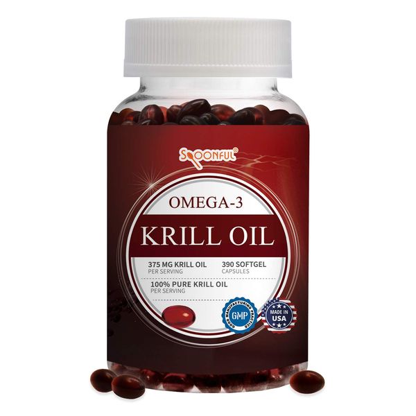 Spoonful Mini Krill Oil, 375mg 130 Servings, Easy to Swallow Mini Capsults for omen and Seniors, Omega-3 DHA EPA Astaxanthin and Essential Phospholipids, Made in USA