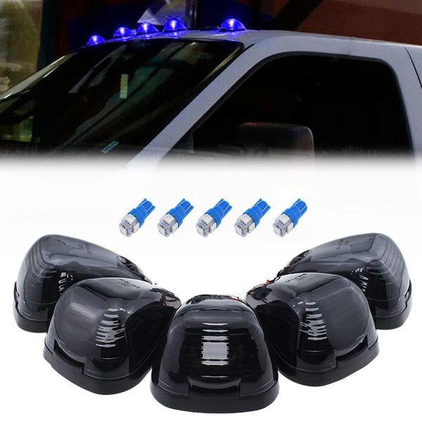 GLOFE 5X Black Smoke Lens Cab Roof Marker Running Lamps w/Blue LED Lights Compatible with Ford F150 F250 F350 F450 F550 F650 F750 E150 E250 E350 E450 1999-2016 Super Duty Pickup Trucks