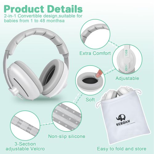 BEBOAN 2-in-1 Baby Ear Muffs Noise Protection for 0-36 Months, Noise Cancelling Headphones for Infant, Newborn Ear Protection for Airplane Travel, Toddler Sound Proof