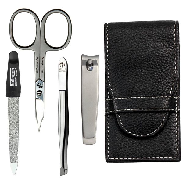 Sonnenschein by Hans Kniebes - Manicure Set 4 Pieces - Nail Scissors, Nail Clippers, Nail File and Tweezers - Pocket Manicure Nail Care Set - Real Cowhide Leather Manicure Case Black
