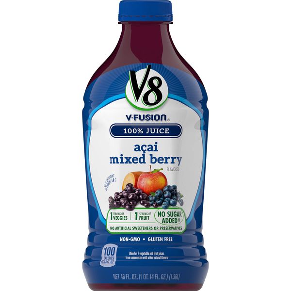 V8 Blends 100% Juice Acai Mixed Berry Juice, Fruit and Vegetable Juice Blend, 46 FL OZ Bottle (Pack of 6)