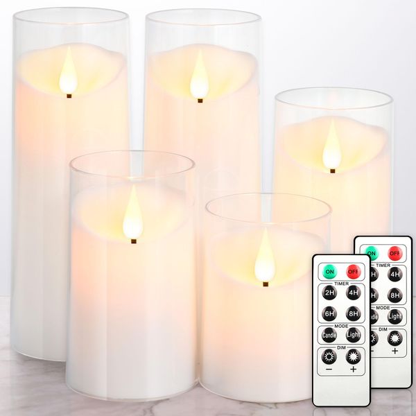 NURADA Flameless Candles: Acrylic LED Pillar Candles Battery Operated with Remote and Timer Imitation Glass Candle for Home Table Bathroom Decor, Pure White Pack of 5