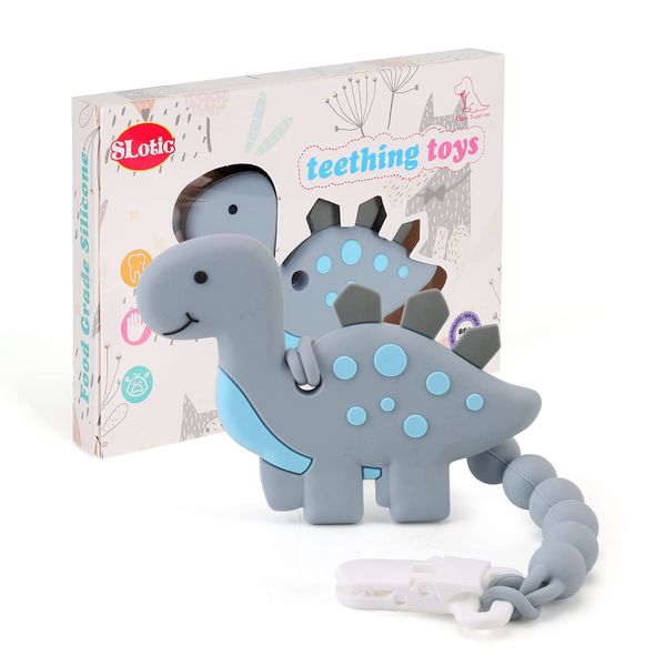 Baby Teething Toys for Babies 3-6 6-12 Months, Dinosaur Teether Pain Relief Toy with One Piece Design Pacifier Clip Holder Set, Freezer Safe Neutral Shower Gift for Boys and Girls (Grey)