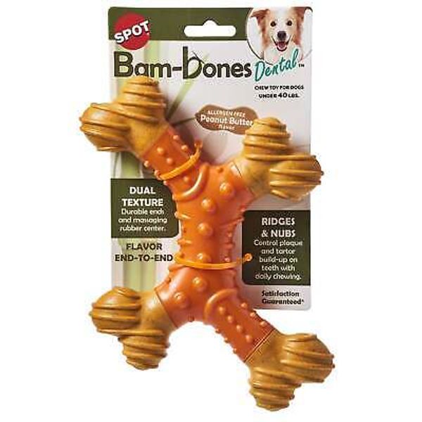 Ethical Products Bam-Bones Dental X-Bone Dog Chew Toy, 8", Peanut Butter