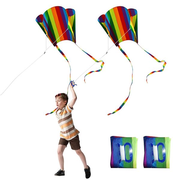 SKHAOVS 2 Pieces Pocket Kite Rainbow Kite Colorful Kite with Long Tail, Easy Flyer Kite Beach Game Outdoor Activities for Beginner (Colorful)