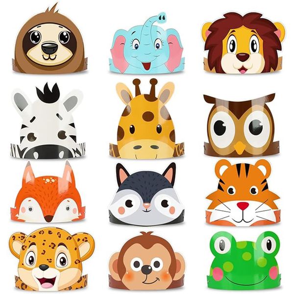 24Pcs Animal Birthday Party Hats Animal Headbands, Jungle Safari Animal Birthday Paper Party Crown for Kids Animal Decoration, Animal Costume DIY Party Gift for Kids Birthday Christmas Fiesta