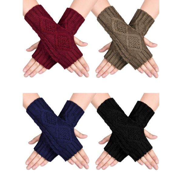 SATINIOR 4 Pairs Women Warm Knit Winter Fingerless Gloves Thumbhole Arm Warmers Mittens (Black, Navy Blue, Khaki, Wine Red)