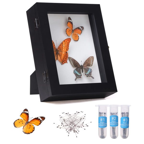 IHEIPYE Insect Display Case Wall Mount Bug Display Case Collection Box for Butterfly Specimen with Anti Fade UV Protection Acrylic Top Eva Foam Pinning Board and 3 Sizes Pins Insect Shadow Box