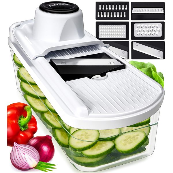 Mandoline Vegetable Slicer - Mandoline Slicer Grater & Shredder - Mandolin Veggie Potato Food Cheese Slicer Veg Julienne Cutter - Kitchen Tools & Gadgets (5-in-1 White)