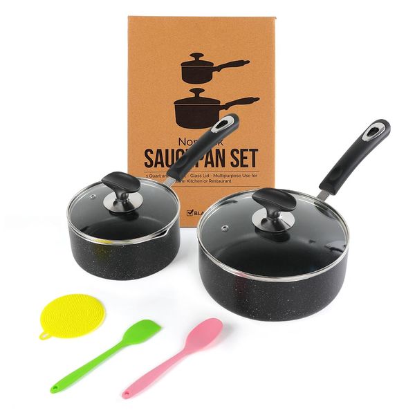 RATWIA Nonstick Saucepan Set - 1 Quart and 2 Quart,Ultra Non Stick Sauce Pan Small Pot with Glass Lid,Great for Home Kitchen Restaurant,Black