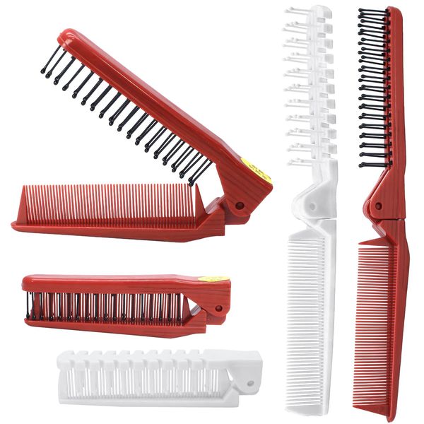 Qjaiune 6PCS Travel Foldable Brush Comb Portable Folding Comb, Anti-Static Hair Comb Mini Pocket Comb, Double Headed Hair Brush Hairdressing Tools Plastic Folding Comb for Men Women (White + Burgundy)