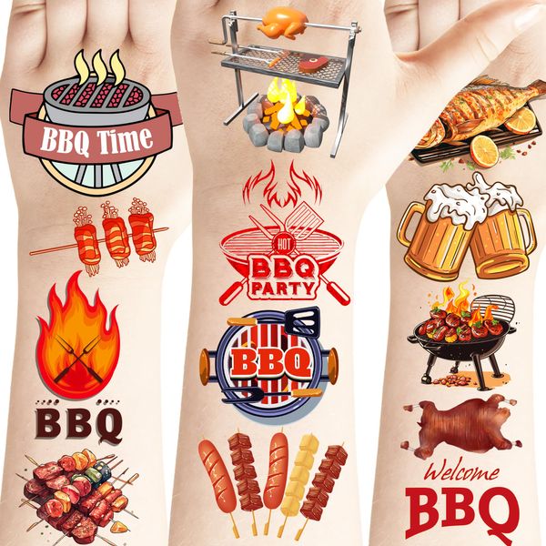 PIBIPAID 200 BBQ Tattoos Temporary Stickers - Barbeque Party Supplies Decorations Camping Themed Birthday Baby Shower Party Tattoos