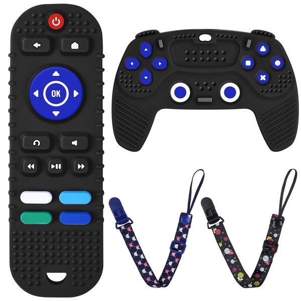 2PCS Baby Teether Toys Silicone, Remote Control Shape Teething Toys and Game Controller Teether Toy with 2PCS Pacifier Clip, Silicone Baby Teething Toys for More Than 3 Months, BPA Free (Black)