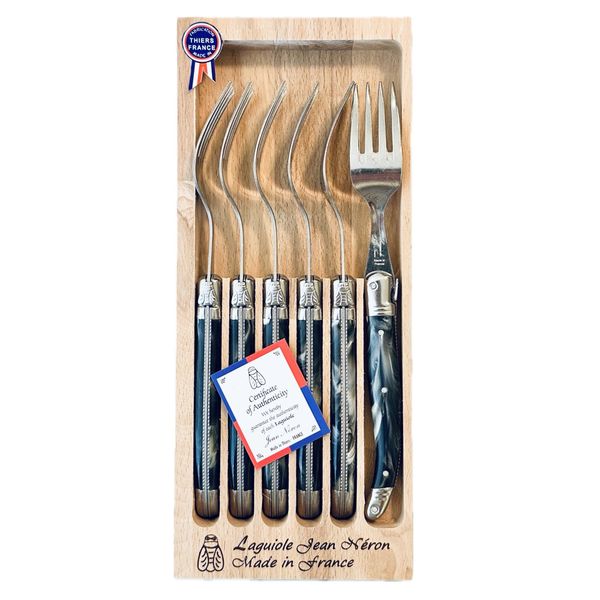 Jean Neron Set of 6 Table Forks in Wooden Box | Made in France Stainless Steel | ABS (Thermoplastic) Handle (Black Marble) (10101)