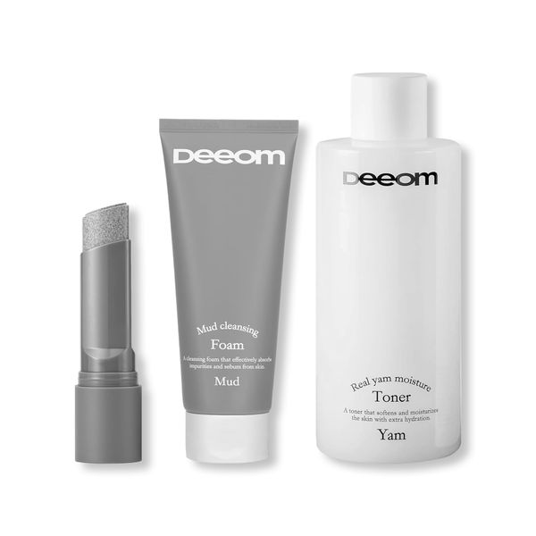 DEEOM K-Beauty Skincare Set, Mud Blackhead & Whitehead Remover Stick + Exfoliating Cleansing Mud Pack Foaming Cleanser + Real Yam Moisture Hydrating Toner