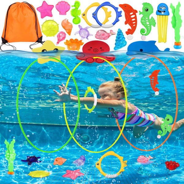 Lubibi Pool Toys for Kids, 21pcs Swimming Pool Diving Toys with Storage Bag, Swim Through Ring, Seaweed, Dive Gem, Dolphin for Underwater Pool Training Game for Kids Age 3-12